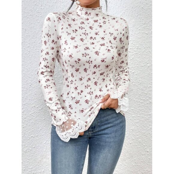 Rib Knit Ditsy Floral Print Embroidery Mesh Flare Sleeve Mock Neck Tee - Picture 4 of 9